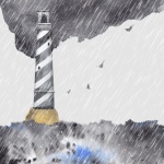 Stormy sea, lighthouse in rain