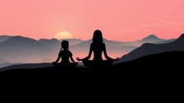 Yoga, zonsondergang, bergen, mediteren