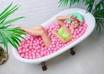 Banho, bolas, rosa, mulher, modelo