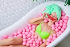 Banho, bolas, rosa, mulher, modelo