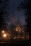 Church in fog at night
