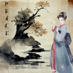 Japonský akvarel Gejša PEACE