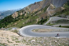 Aerial view, mountain road, cyclist