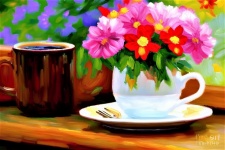 Pictură Cafea și ceașcă de flori