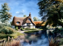 Cottage by River Watercolor