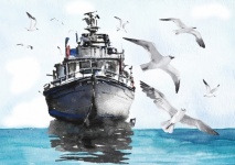 Ocean Seagull Boat Digital Art