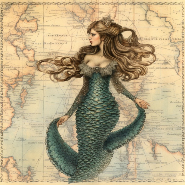 Mermaid On Vintage Map Free Stock Photo - Public Domain Pictures