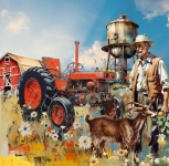 Bauer mit Ziege vor Traktor