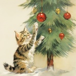 Gato e enfeites de árvore de natal