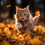 Happy kitten in autumn leaves