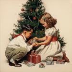 Enfants près de l’art du sapin de Noël