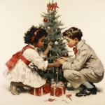 Niños junto al arte del árbol de Navidad