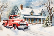 Red Truck Home in Snow