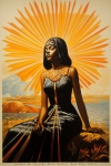 Cartel de viaje de mujer adorando el sol