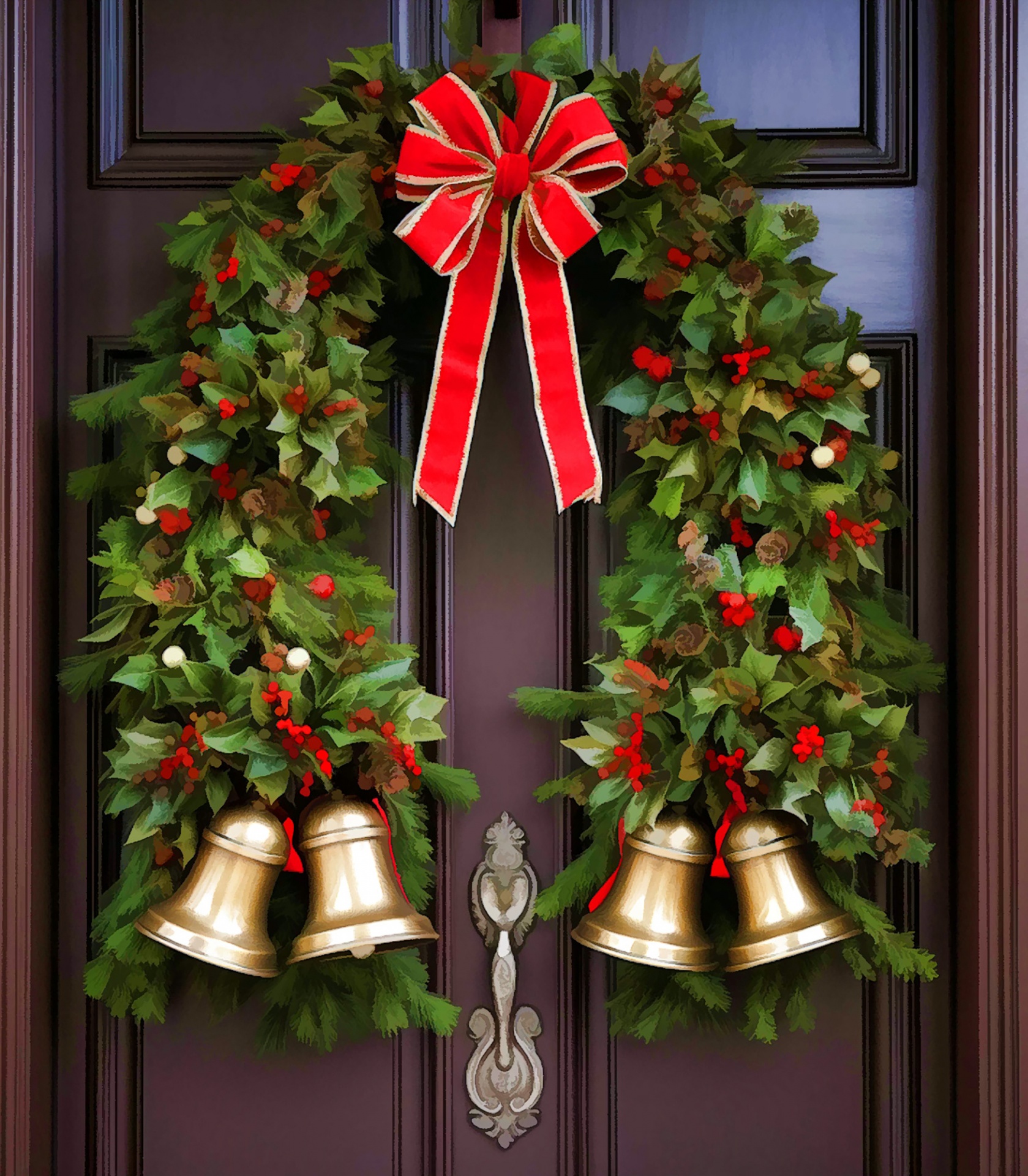 Christmas Bells Wreath On Door Free Stock Photo - Public Domain Pictures