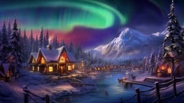 Cabaña en invierno con auroras boreales