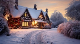 Half timbered cottage in winter