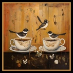 Pájaros de otoño y tazas de té