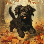 Dog running through fall leaves