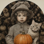 Vintage fall child with cat
