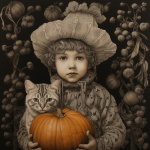 Vintage child with cat and pumpkin