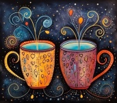 Whimsical coffee tea cups art