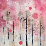 Wintry Pink forest with birds