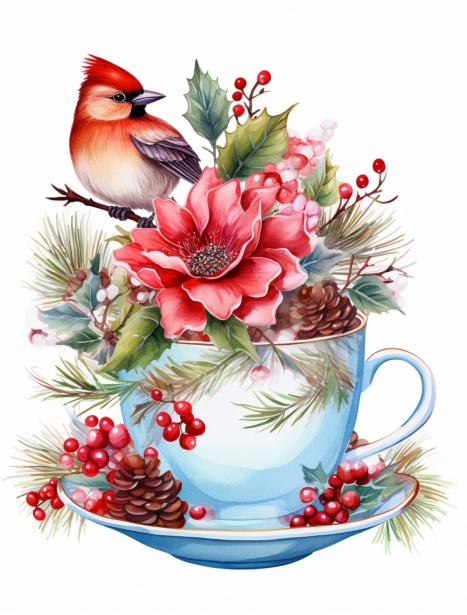 Christmas Bird Floral Teacup Free Stock Photo - Public Domain Pictures