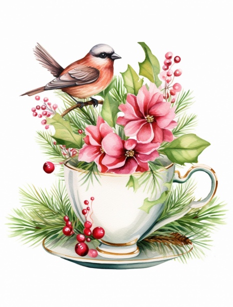 Christmas Bird Floral Teacup Free Stock Photo - Public Domain Pictures