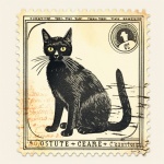 Vintage black cat stamp art