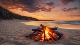 Foc de tabără apus de soare pe plajă