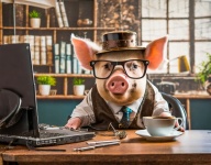 Pig, desk, computer, cartoon