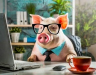 Pig, desk, computer, cartoon