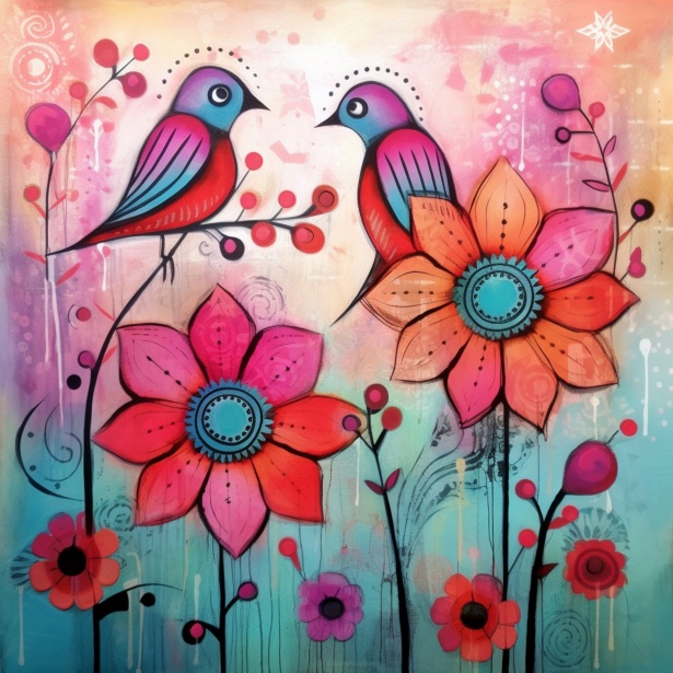 Mixed Media Bird And Flower Art Free Stock Photo - Public Domain Pictures