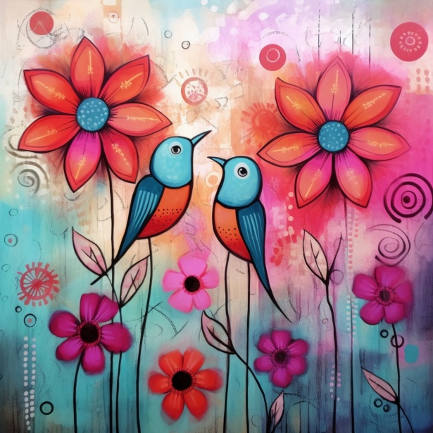 Mixed Media Bird And Flower Art Free Stock Photo - Public Domain Pictures