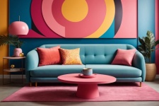 Blue sofa and round pink table