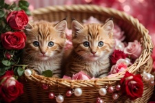Pisicuțe drăguțe într-un coș de paie