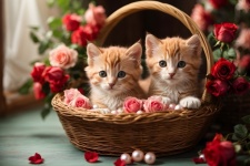 Gatinhos fofos dentro de uma cesta de pa