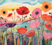 Watercolor Poppy Flower Field Art