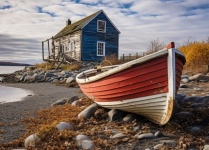 Rugged Cabin and Boat on Shore Art