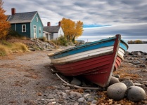 Rugged Cabin and Boat on Shore Art