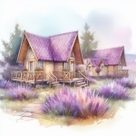 Cabins in lavender flower field