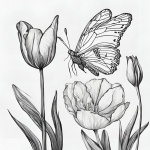 Czarno-białe tulipany, motyl