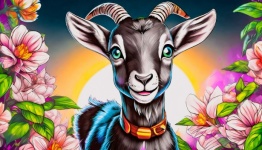 Cartoon, Goat, Flowers, Digital
