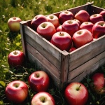 Sklizeň bedna červených jablek