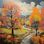 Autumn Village Landscape Art