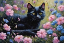 Schwarze Katze mit Blumen