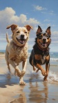 Dogs running along the beach shore