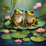 Frogs on lily pads in pond art