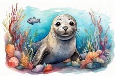 Arte en acuarela de una cría de foca